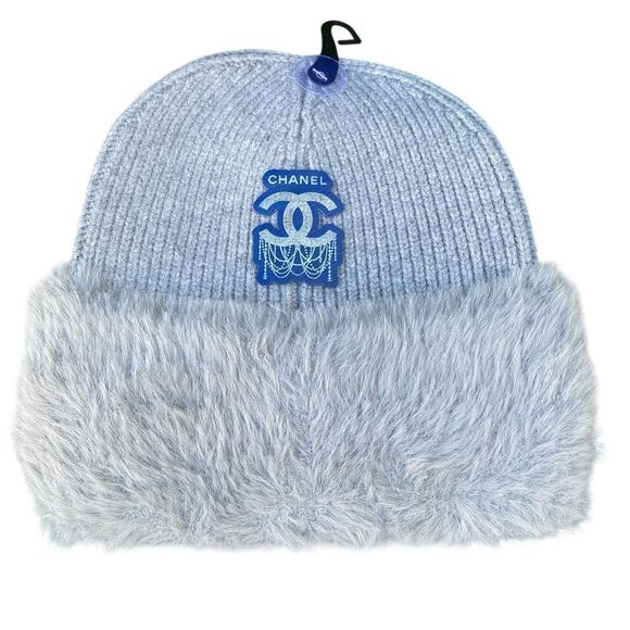 NWT New C.C. Grey Fuzzy Beanie/Hat w/Laser Engraved Non-Branded Chanel Patch OS - Picture 2 of 9